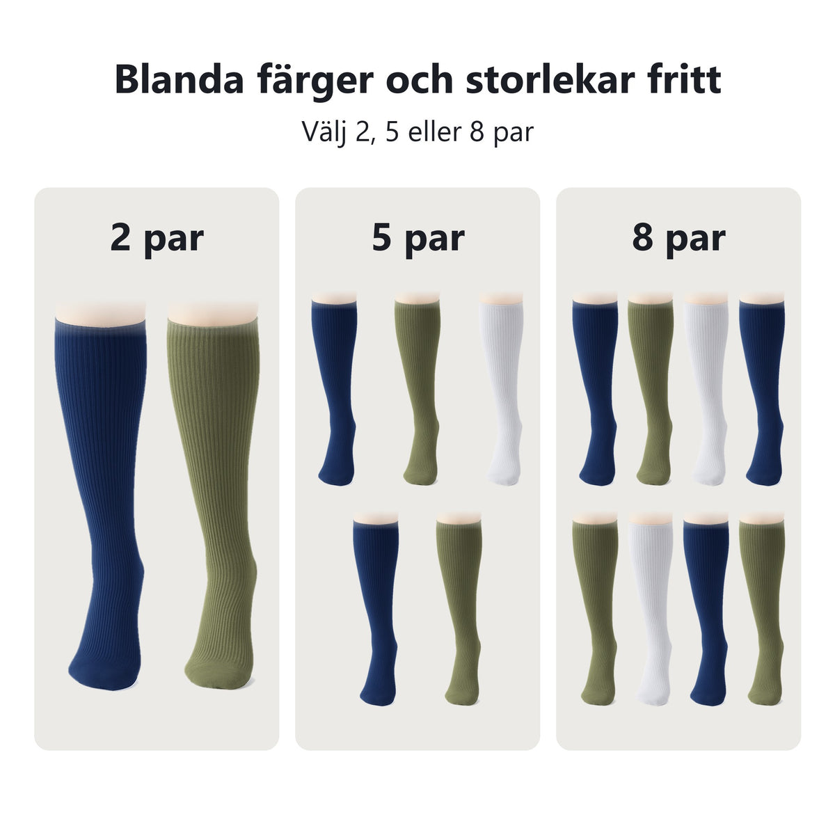 Blanda färger och storlekar fritt i paket om 2, 5 eller 8 par
