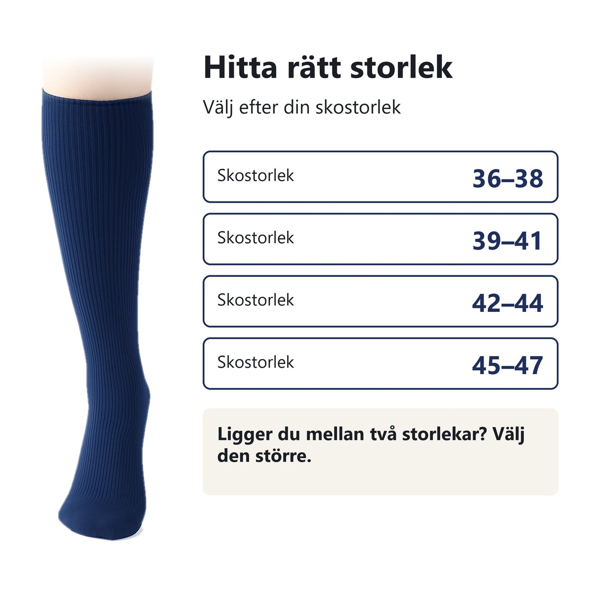 Storleksguide för stödstrumpor, storlek 36–47 efter skostorlek
